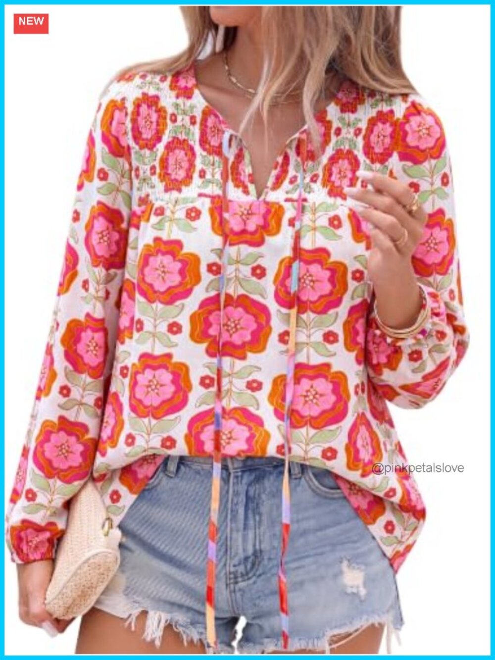 Boho Peasant Blouse V Neck Tie Front Long Balloon Sleeve Floral Woven Top
